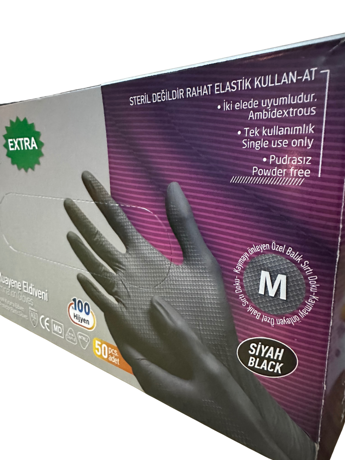 Ultra Güçlü Siyah Nitril Balık Sırtı Dokulu Muayene Eldiveni M Beden 50'li
