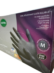 Ultra Güçlü Siyah Nitril Balık Sırtı Dokulu Muayene Eldiveni M Beden 50'li