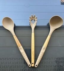 Silikon Ahşap Kaşık Kepçe Makarna Kaşığı Set 3'lü