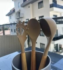 Silikon Ahşap Kaşık Kepçe Makarna Kaşığı Set 3'lü