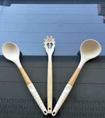 Silikon Ahşap Kaşık Kepçe Makarna Kaşığı Set 3'lü Krem
