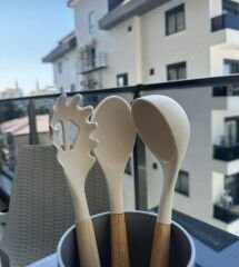 Silikon Ahşap Kaşık Kepçe Makarna Kaşığı Set 3'lü Krem